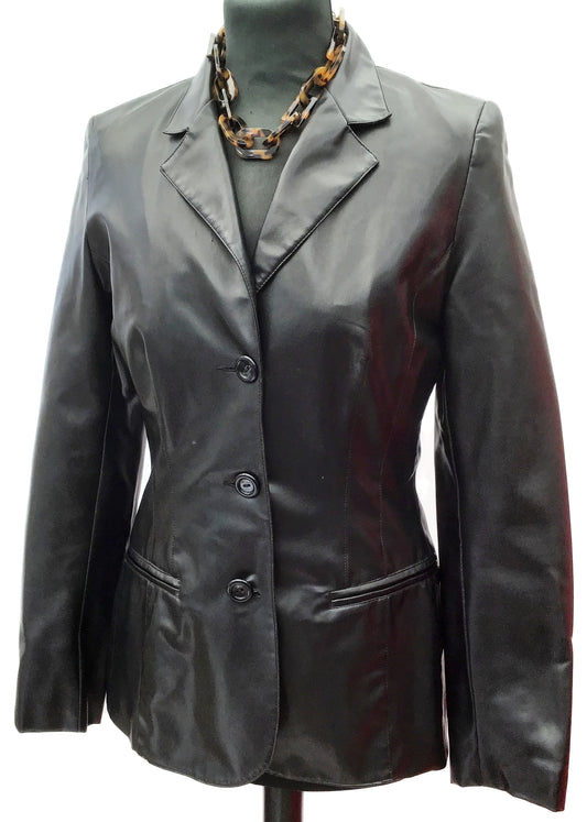 1990s Miss Selfridge Black Faux Leather Rubbery Jacket Blazer Coat • 34"