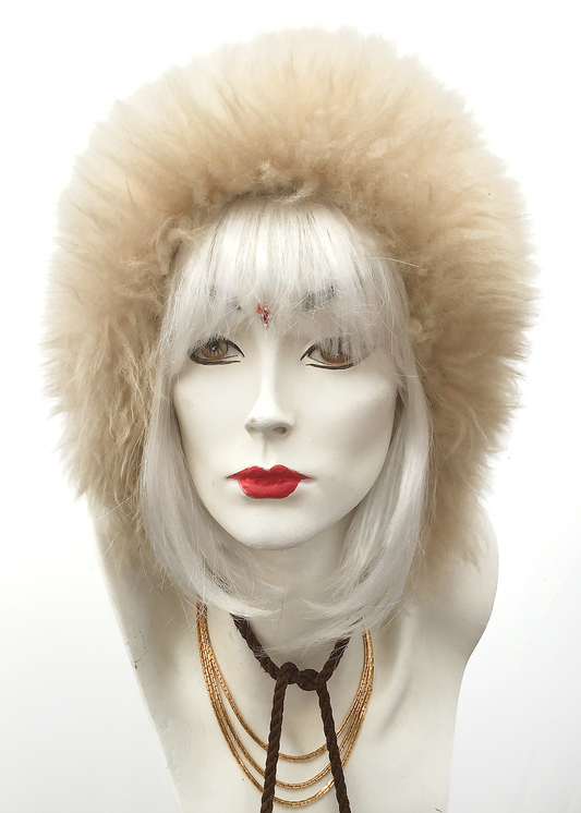 Vintage 1960s Sheepskin Pom Pom Tie Hat • Snow Bunny Go Go Hood Hat