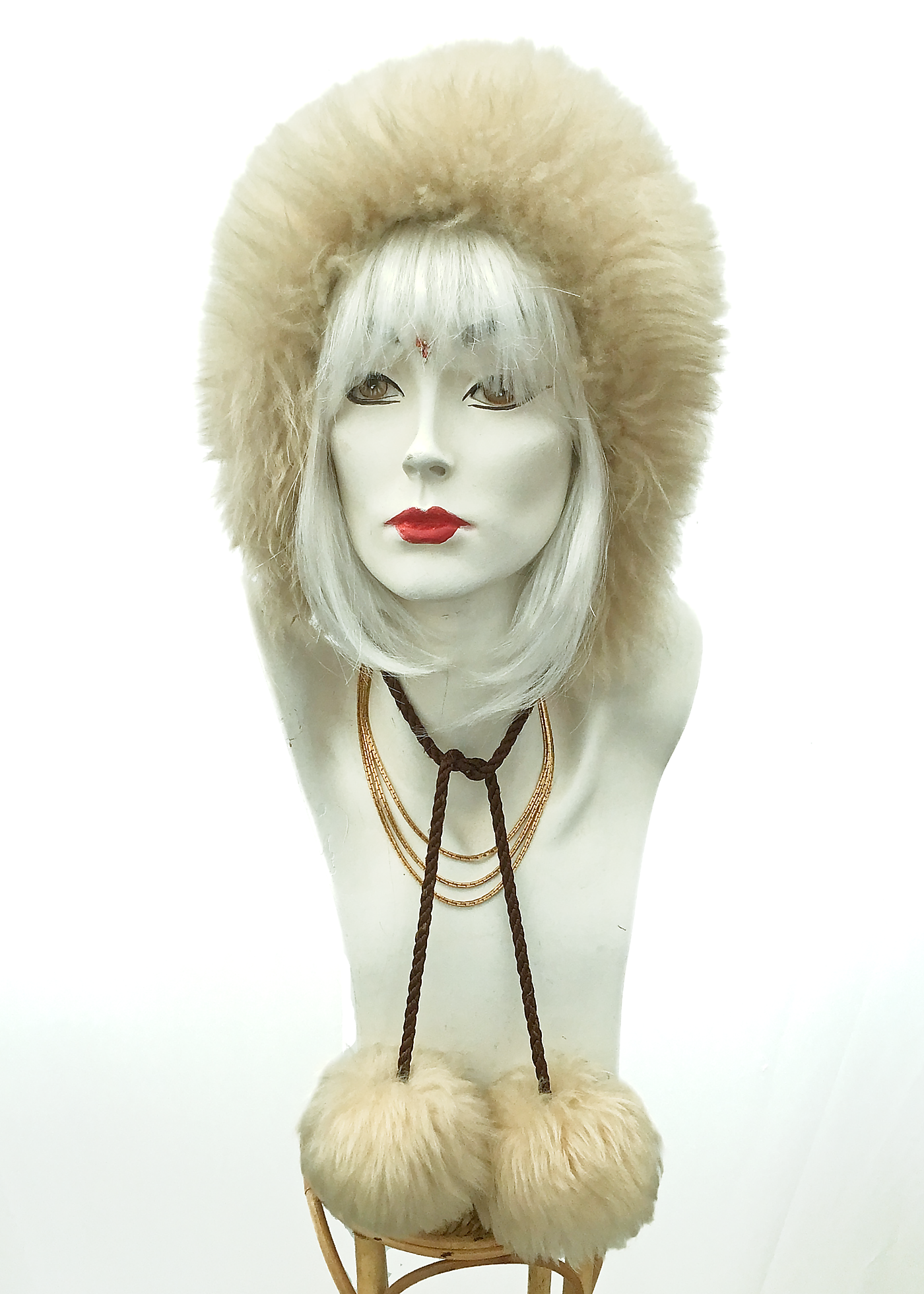 Vintage 1960s Sheepskin Pom Pom Tie winter Hat • Snow Bunny Go Go Hood Hat