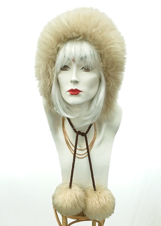 Vintage 1960s Sheepskin Pom Pom Tie winter Hat • Snow Bunny Go Go Hood Hat