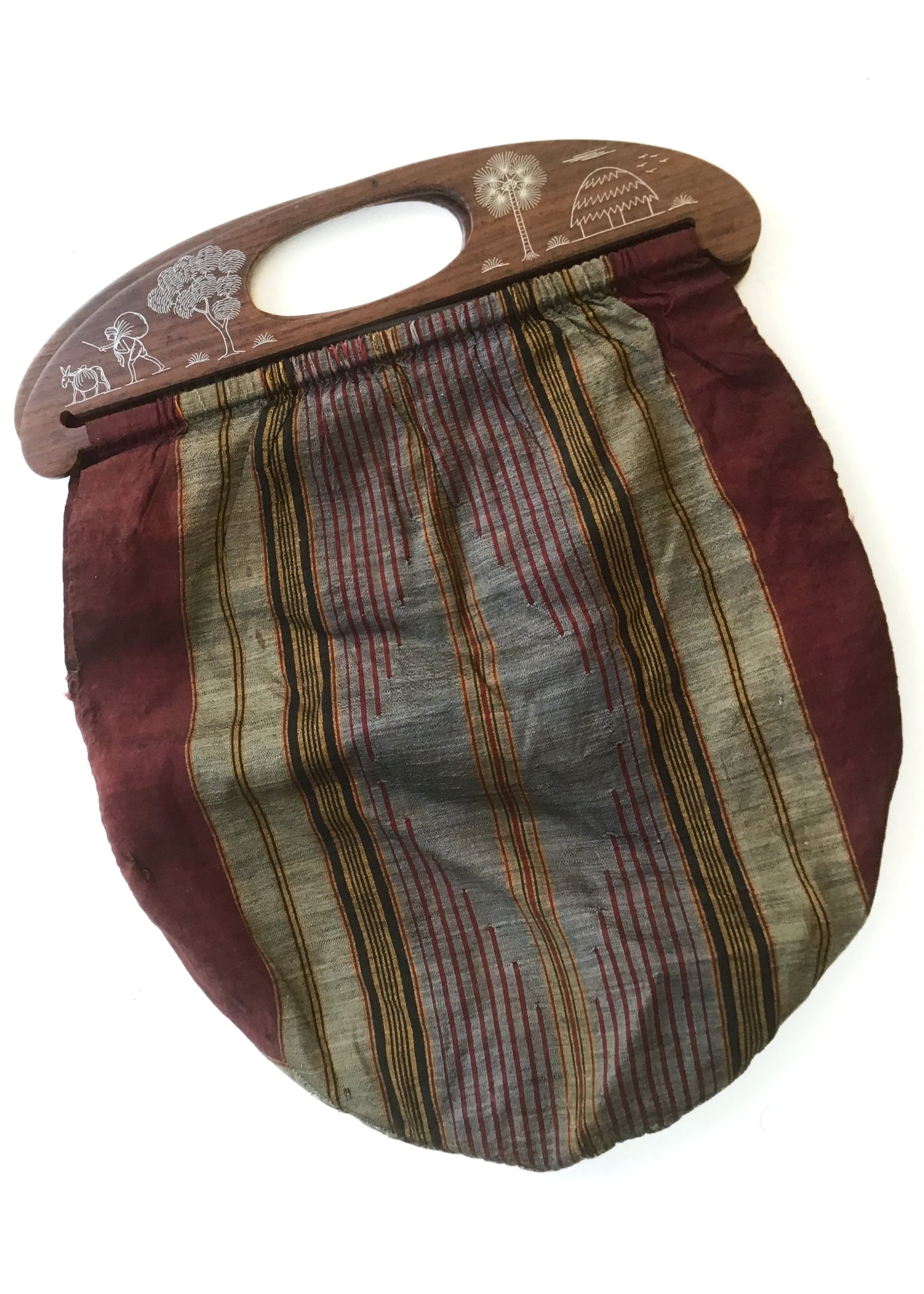 Vintage 40s Silk Knitting Bag Yarn Bag • Wood & Silver Inlay Handles