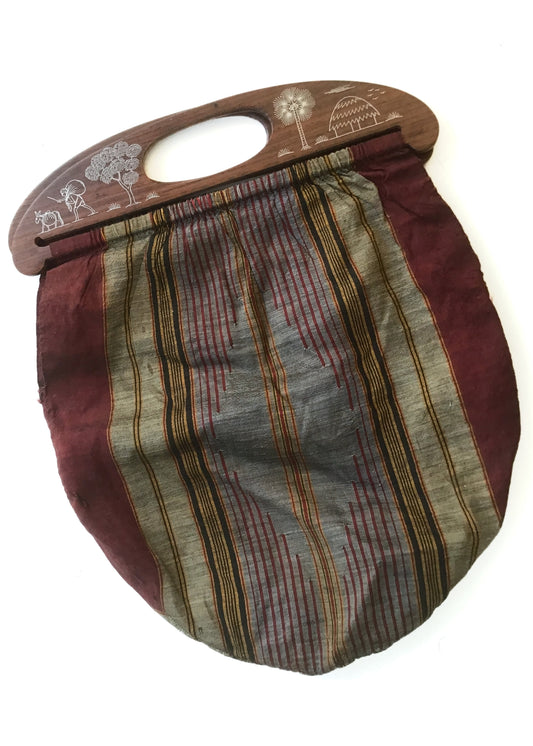 Vintage 40s Silk Knitting Bag Yarn Bag • Wood & Silver Inlay Handles