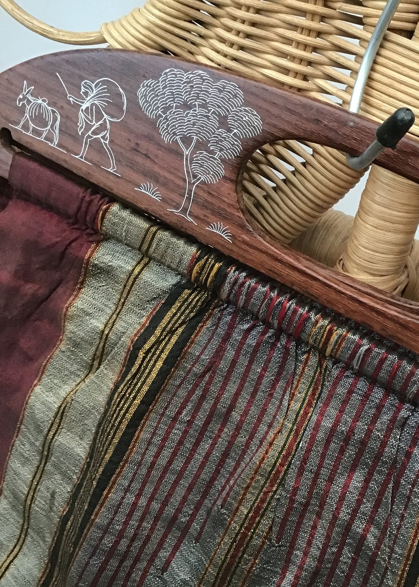 Vintage 40s Silk Knitting Bag Yarn Bag • Wood & Silver Inlay Handles