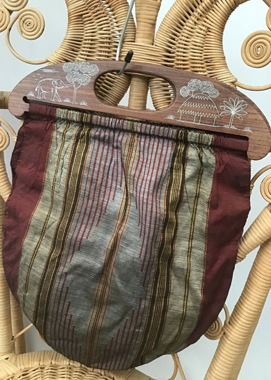 Vintage 40s Silk Knitting Bag Yarn Bag • Wood & Silver Inlay Handles