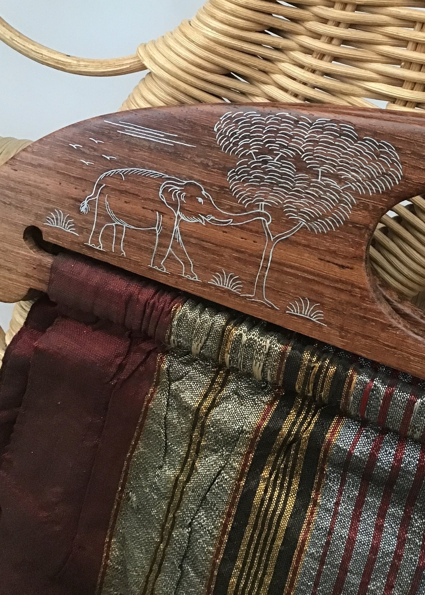 Vintage 40s Silk Knitting Bag Yarn Bag • Wood & Silver Inlay Handles