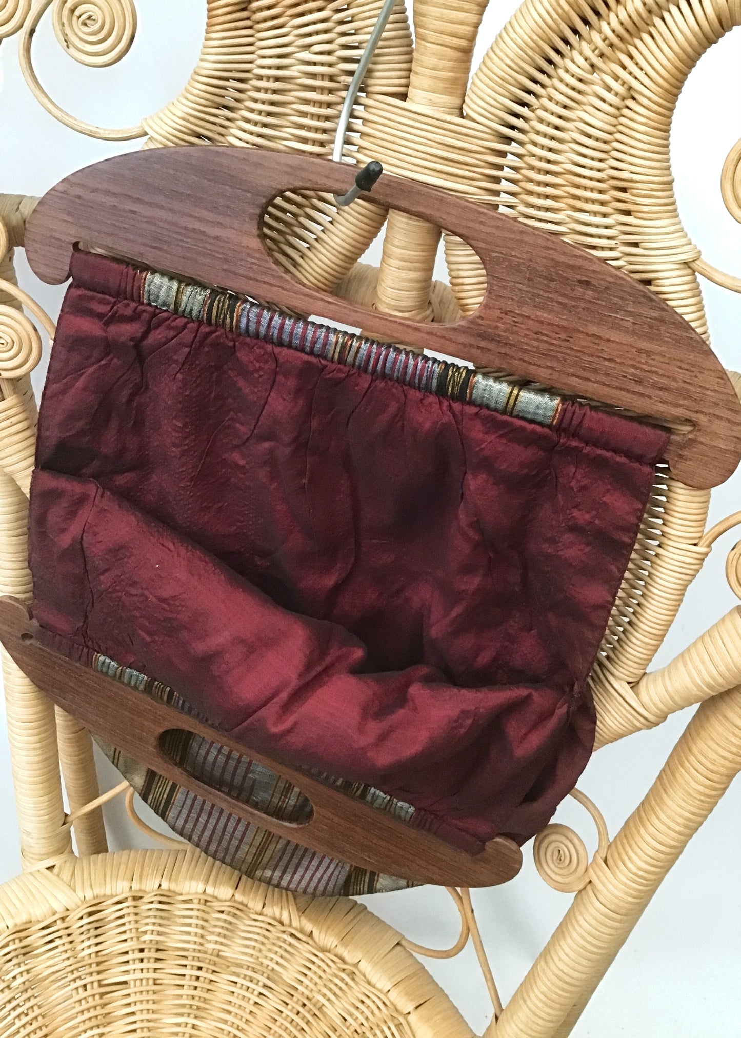 Vintage 40s Silk Knitting Bag Yarn Bag • Wood & Silver Inlay Handles