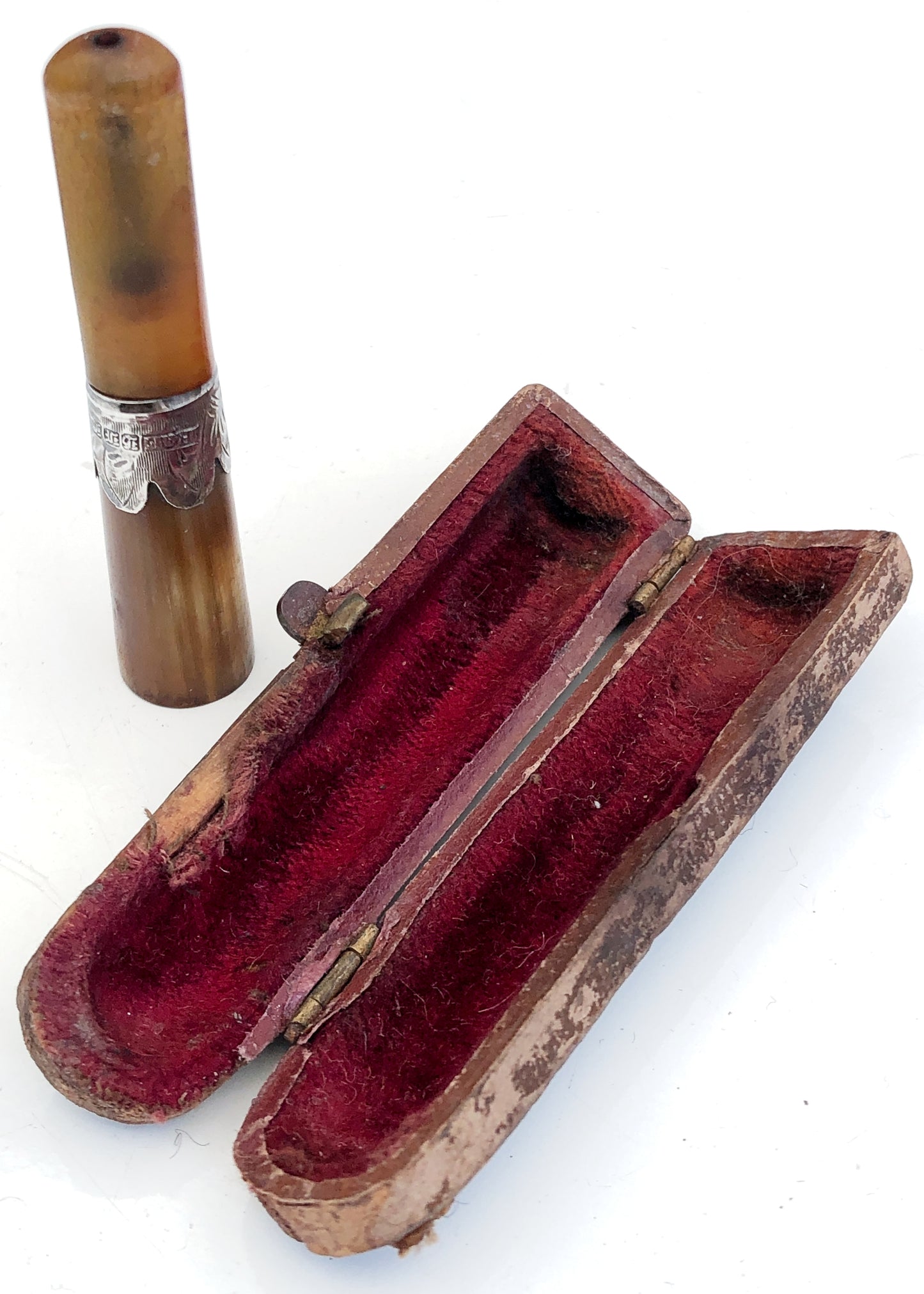 Antique Edwardian Silver, Amber, Horn Cheroot Cigarillo Holder in Case