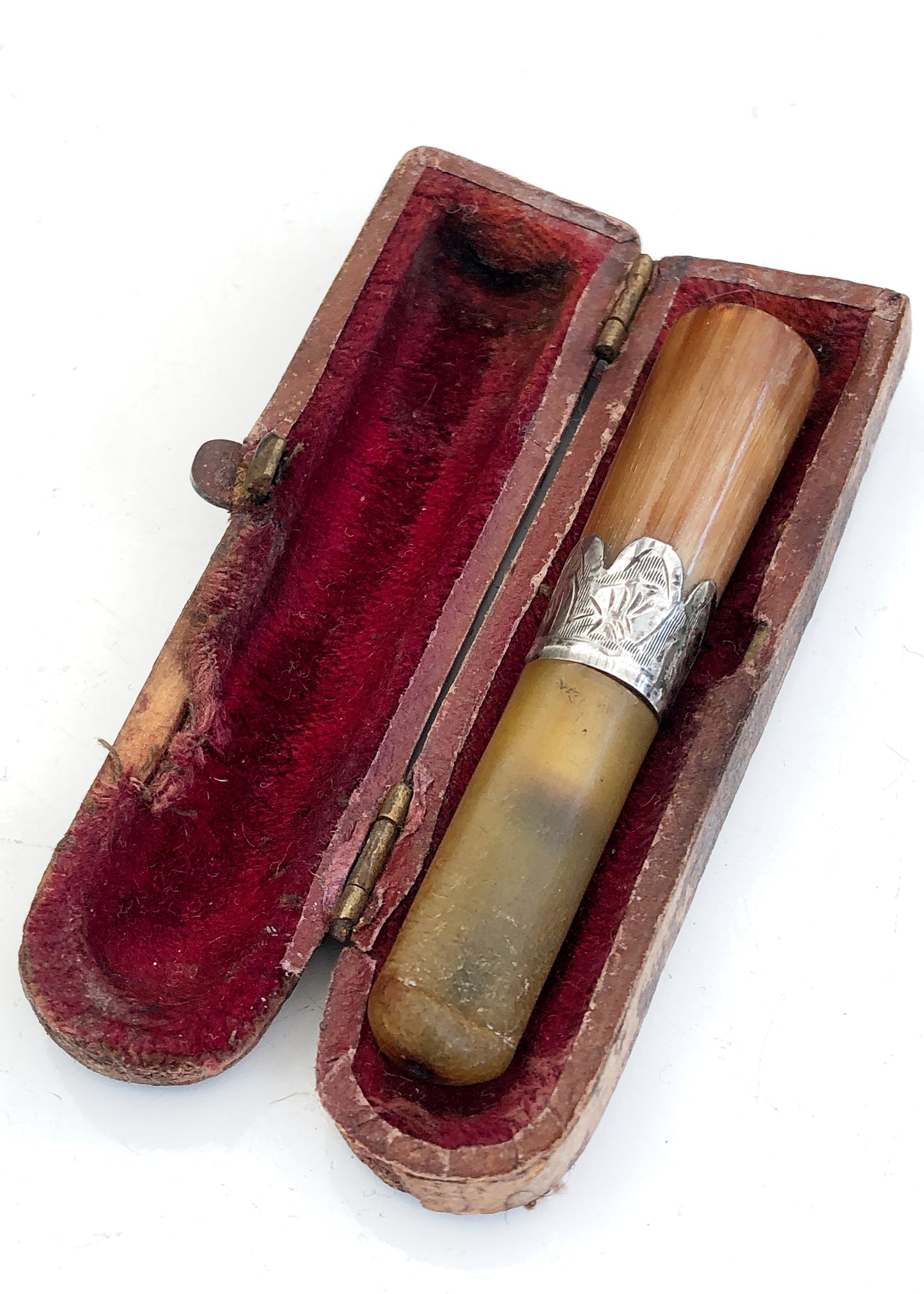 Antique Edwardian Silver, Amber, Horn Cheroot Cigarillo Holder in Case