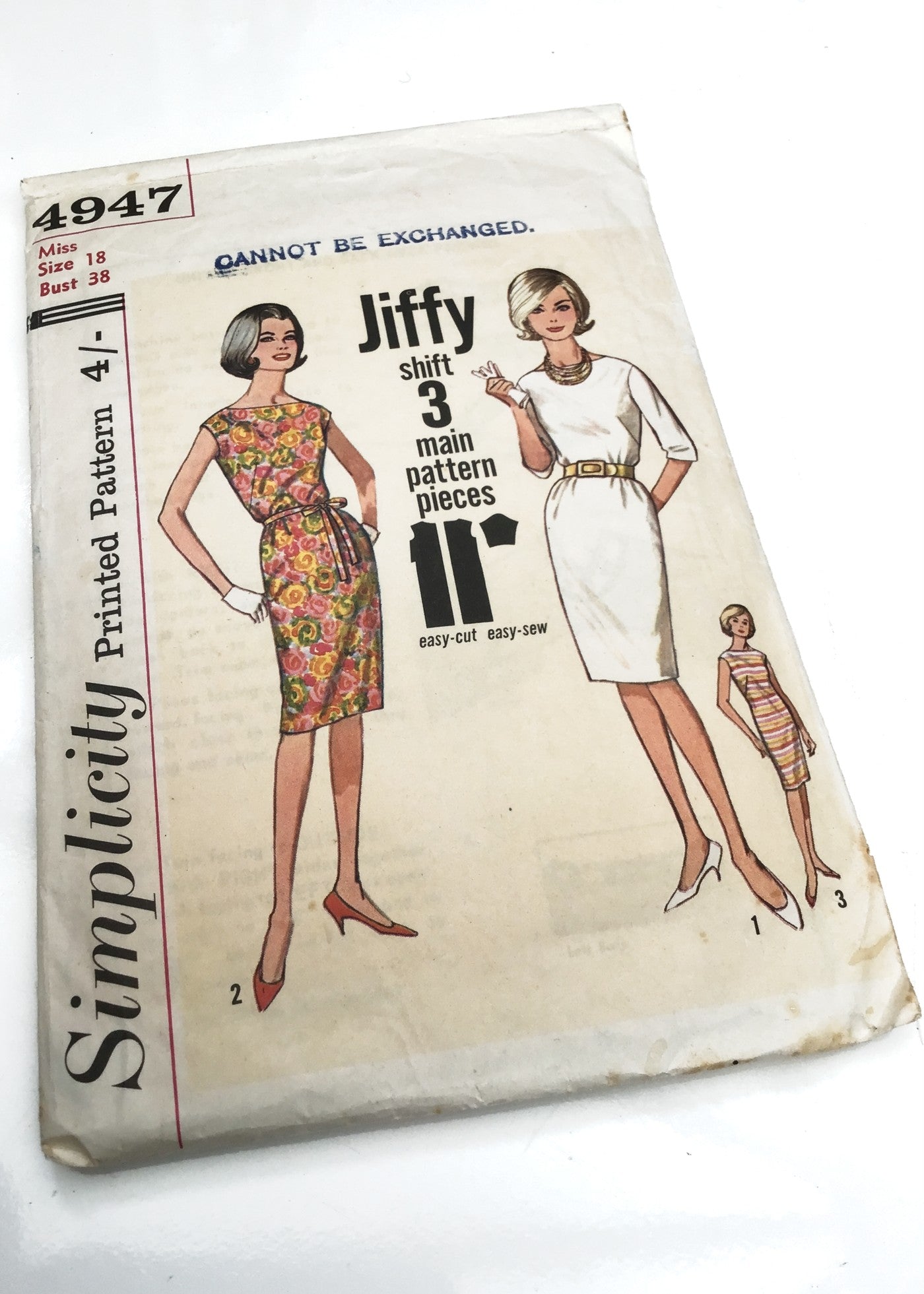 1960s Vintage Simplicity #4947 Dressmaking Pattern • Jiffy One Piece Dress 38"