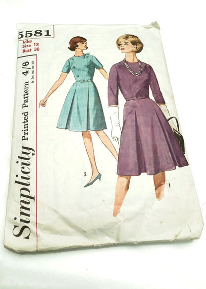 1960s Vintage Simplicity #5581 Dressmaking Pattern • Misses + Women's One Piece Dress 38"