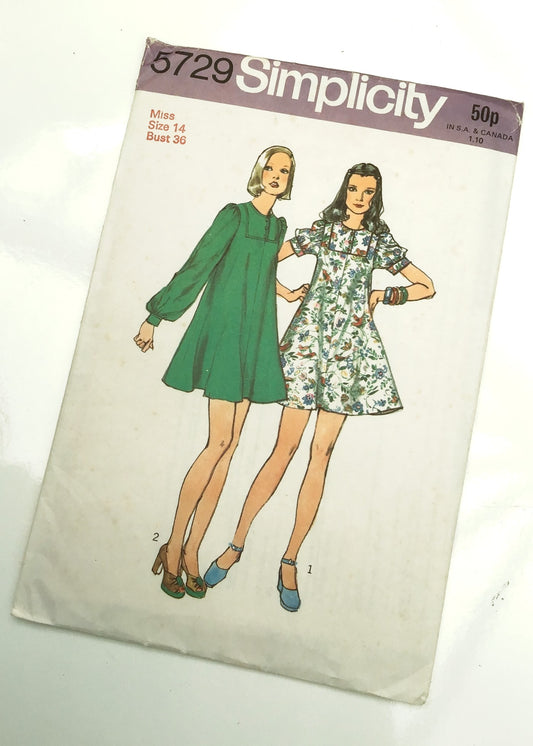 1970s Vintage Simplicity #5729 Dressmaking Pattern • Misses' Mini-Dress 36"