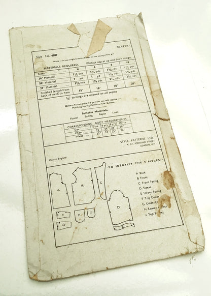 1940s Vintage Style #4687 Dressmaking Pattern • Girls' School Blazer 24"