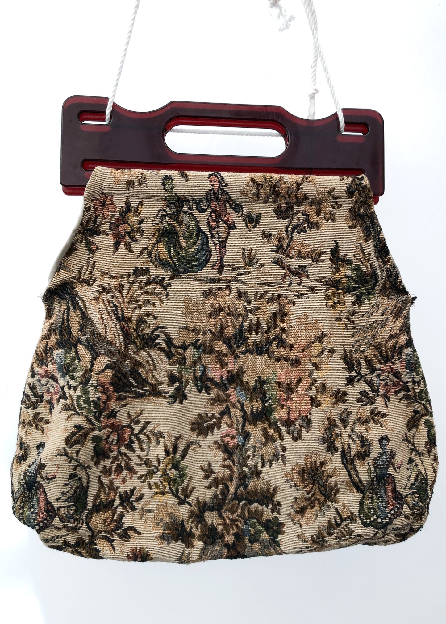 Vintage 70s Tapestry Knitting Bag Workbag • Plastic Handles