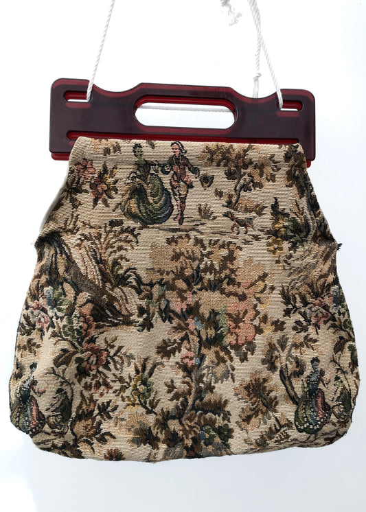 Vintage 70s Tapestry Knitting Bag Workbag • Plastic Handles