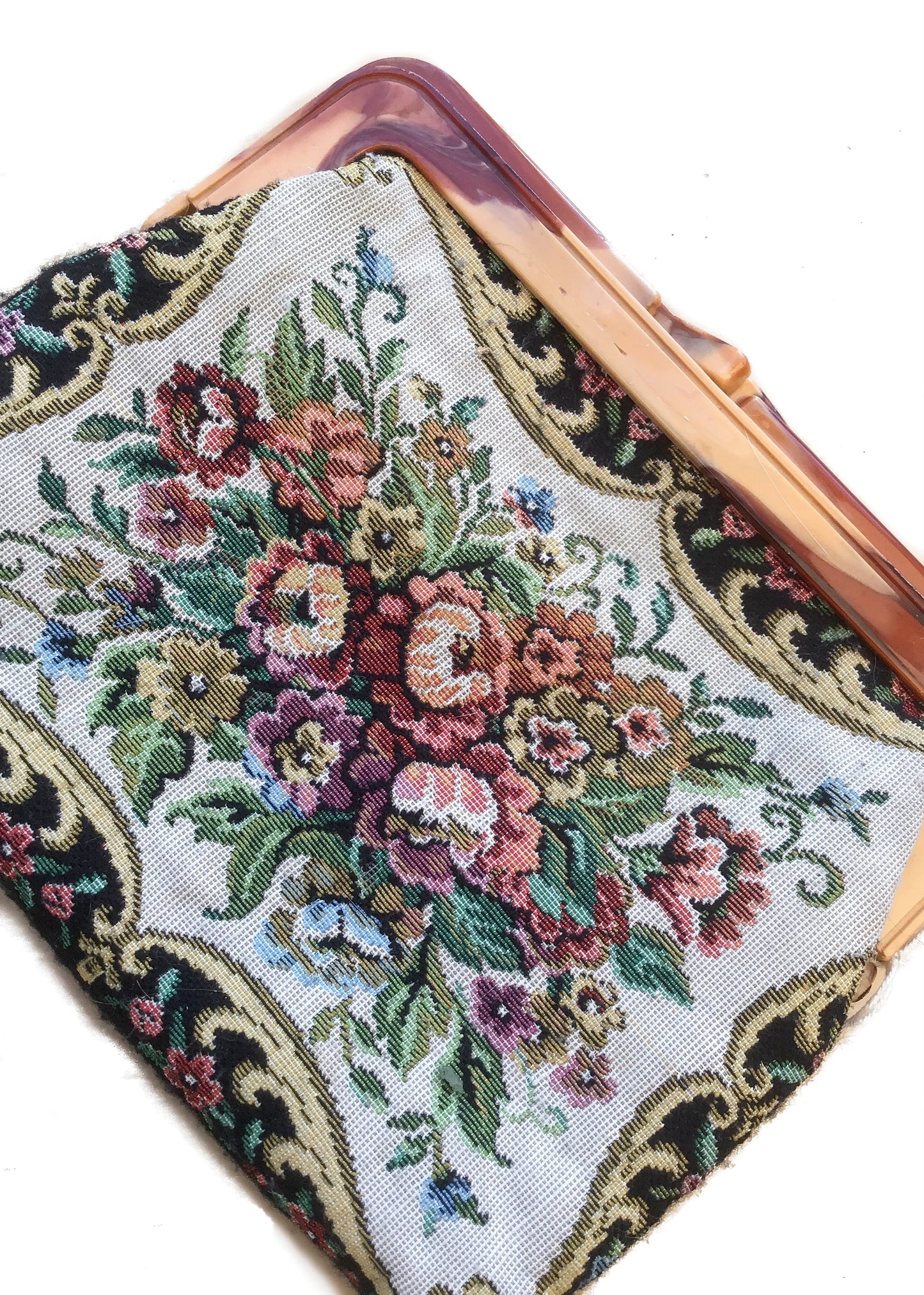 Vintage Tapestry Clutch Bag With Celluloid Frame Clasp • Repaired