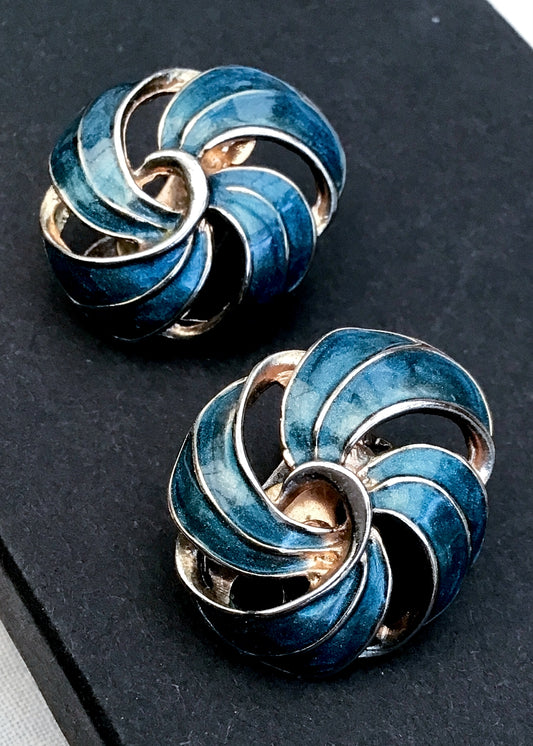 vintage 80s teal blue enamel swirl clip on earrings