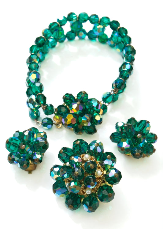 Vintage AB Crystal Peacock Green Parure Set • Brooch Earrings Bracelet