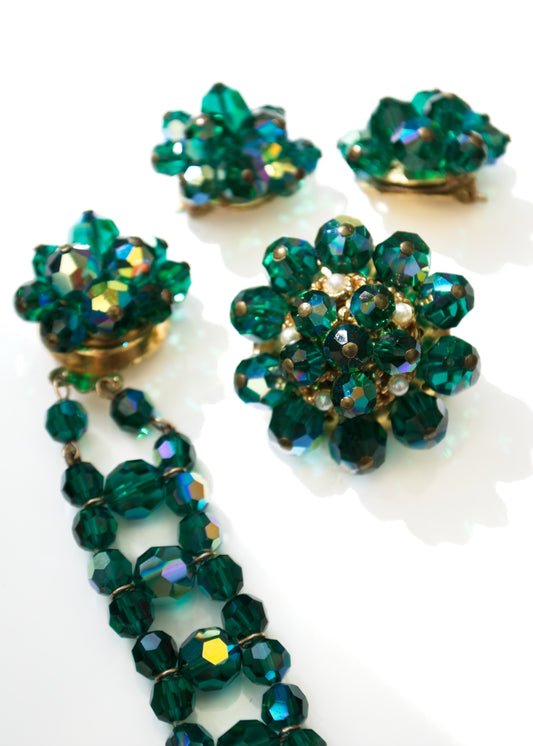 Vintage AB Crystal Peacock Green Parure Set • Brooch Earrings Bracelet