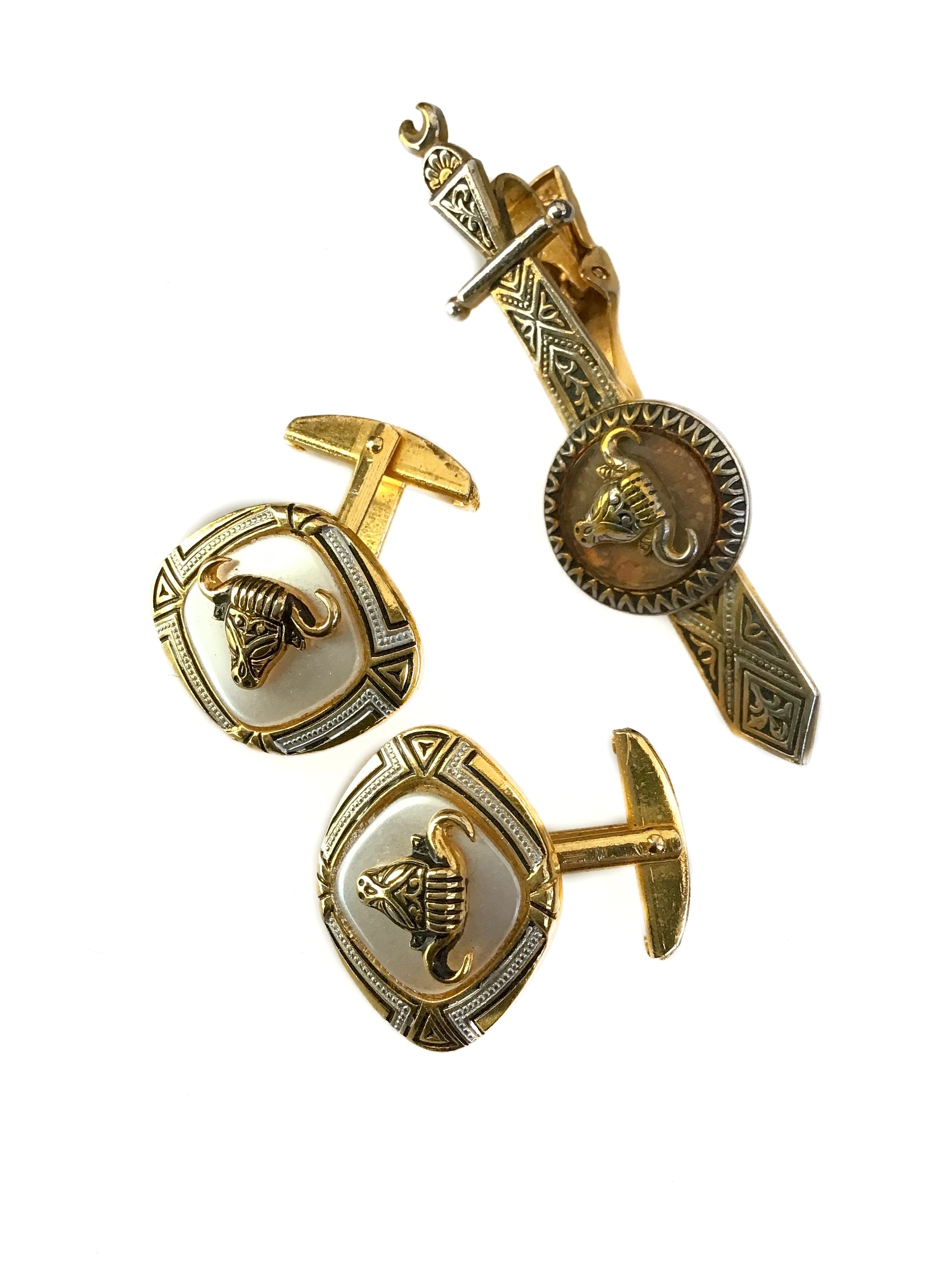 vintage midcentury toledo damascene cufflinks and tie clip set, with moonstone, gold plated