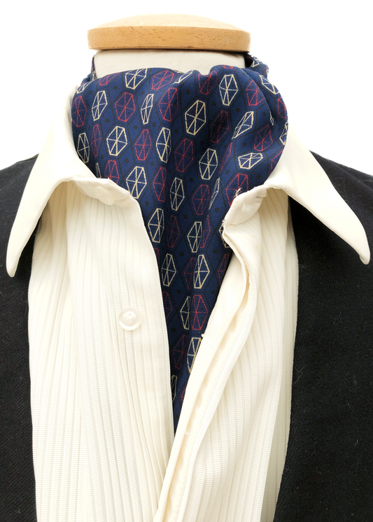 Vintage 50s Tootal Rayon Cravat • Geometric Blue, White and Red pattern