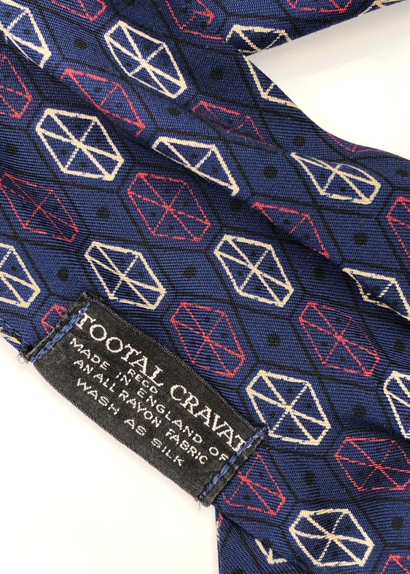 Vintage 50s Tootal Rayon Cravat • Geometric Blue, White and Red