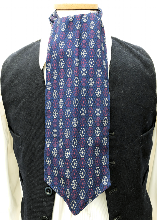 Vintage 50s Tootal Rayon Cravat • Geometric Blue, White and Red