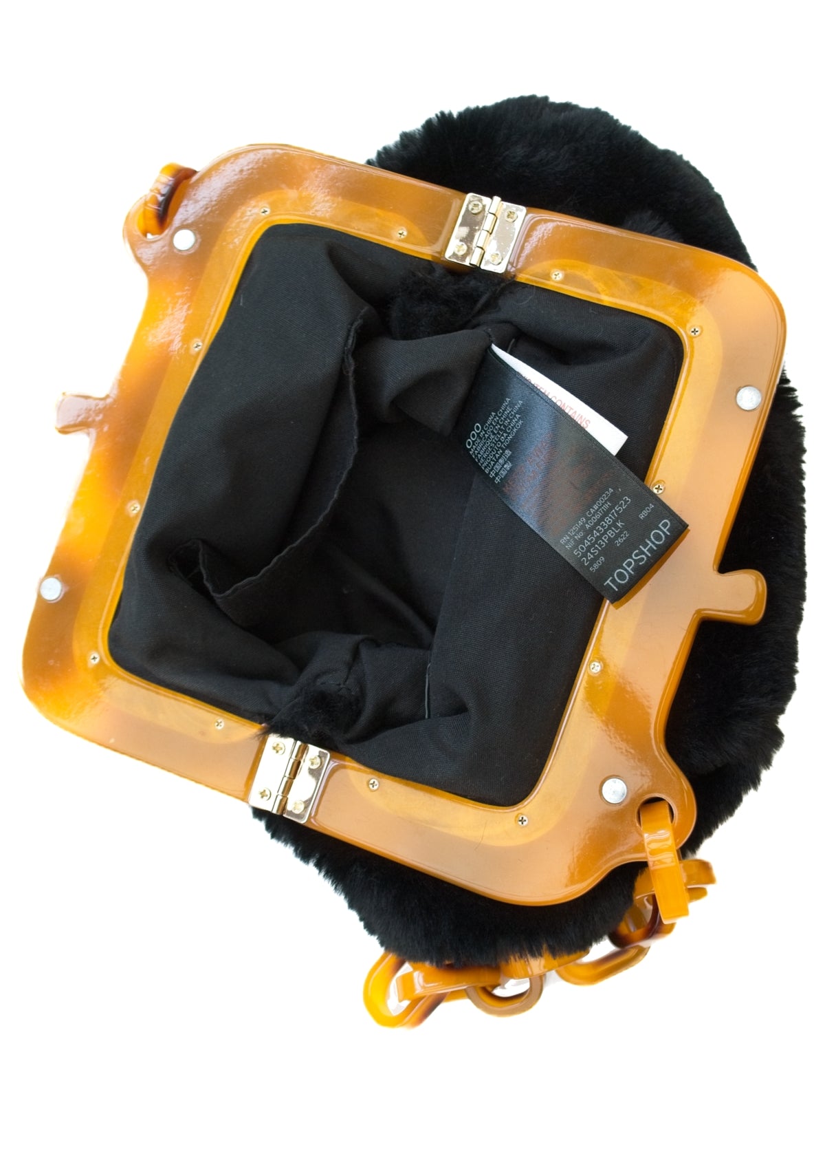 Retro Deco Style Black Faux Fur Evening Purse • Faux Tortoiseshell Chain Strap • TopShop