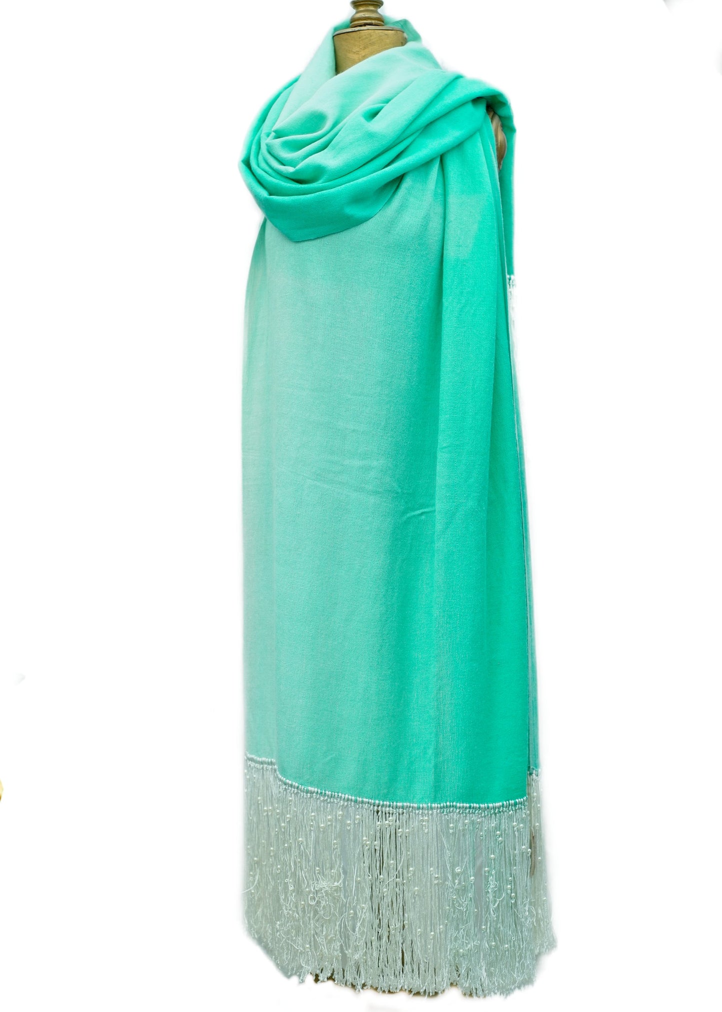 Very Long Turquoise Ombre Pashmina Shawl Scarf • Faux Pearls • Knotted Fringe