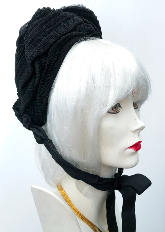 Antique Victorian Mourning Bonnet Hat • Silk Crepe