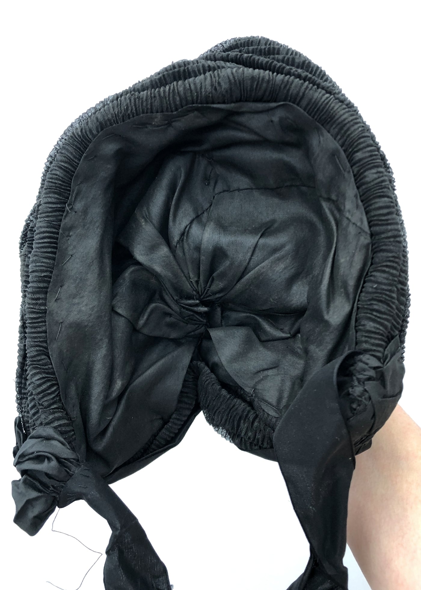 Antique Victorian Mourning Bonnet Hat • Silk Crepe