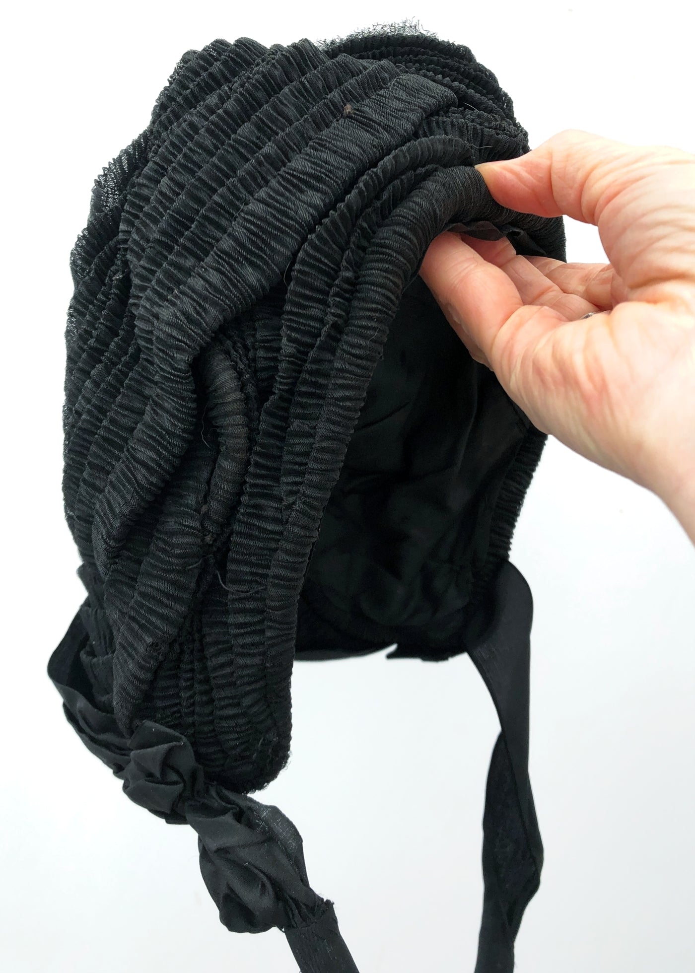 Antique Victorian Mourning Bonnet Hat • Silk Crepe