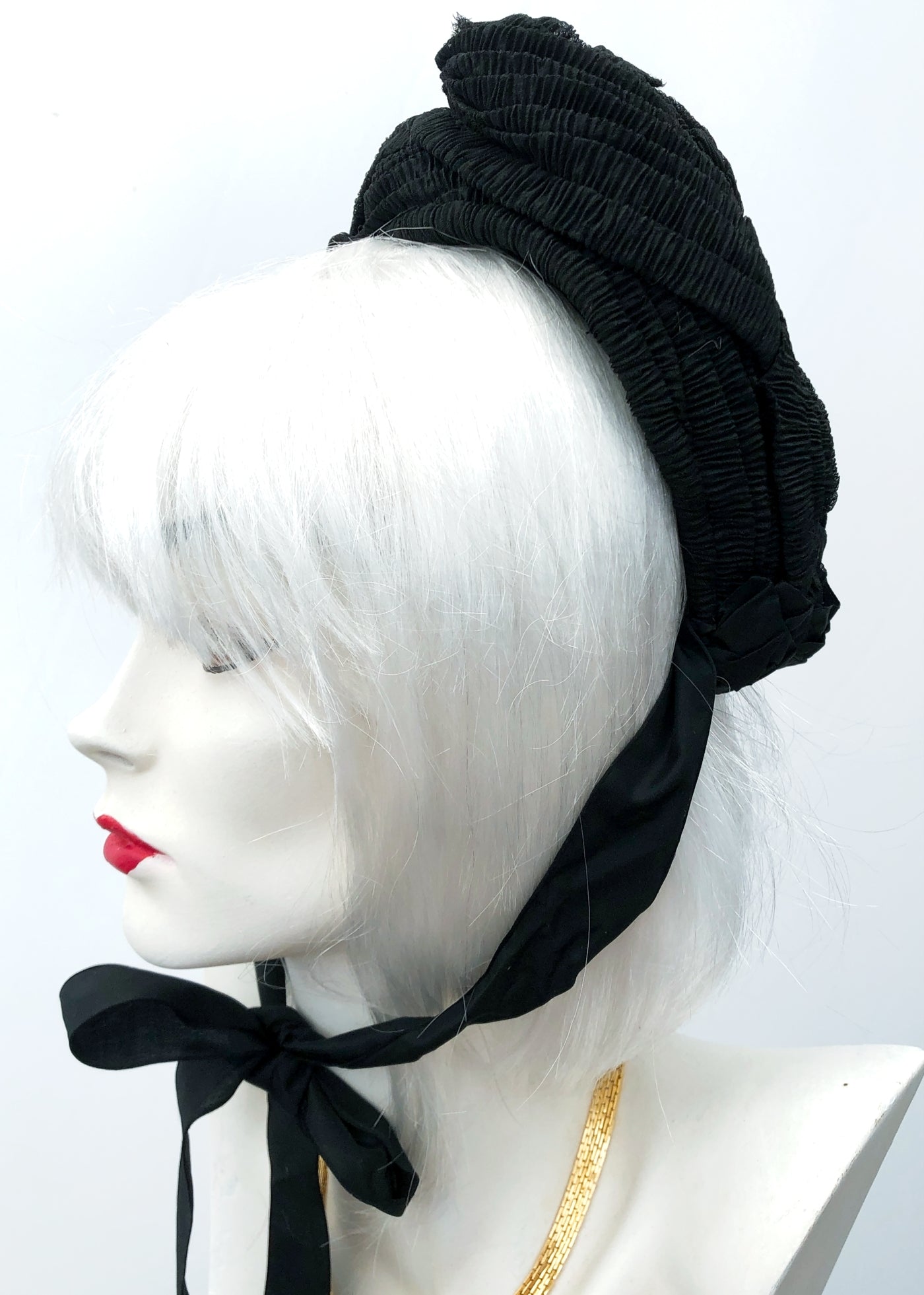 Antique Victorian Mourning Bonnet Hat • Silk Crepe