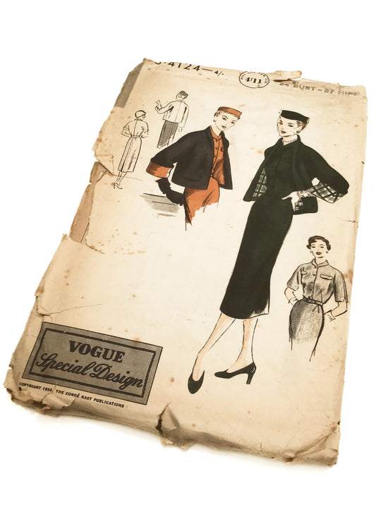 1950s Vintage Vogue #S-4124 Dressmaking Pattern • One Piece Dress + Jacket 34"