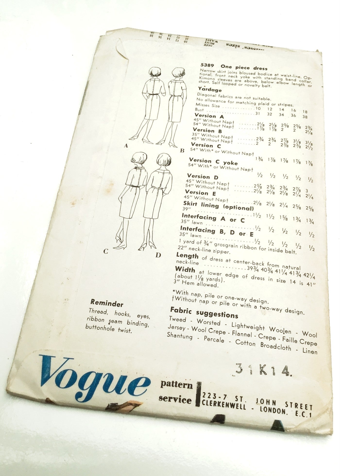 1960s Vintage Vogue #5389 Dressmaking Pattern • One Piece Dress 32"