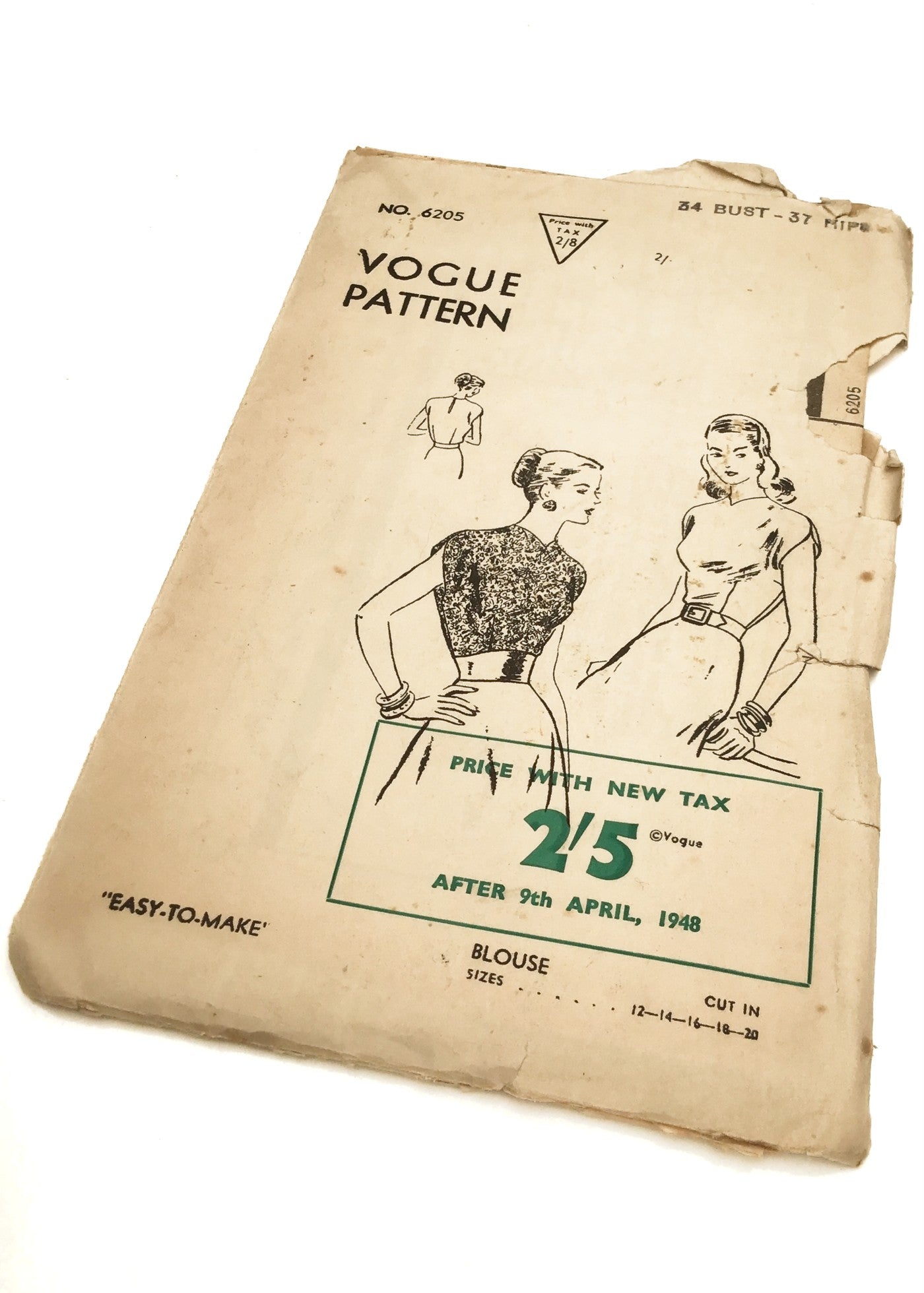 1940s Vintage Vogue #6205 Dressmaking Pattern • Sleeveless Blouse 34"