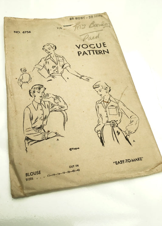 1940s Vintage Vogue #6756 Dressmaking Pattern • Blouse 36"