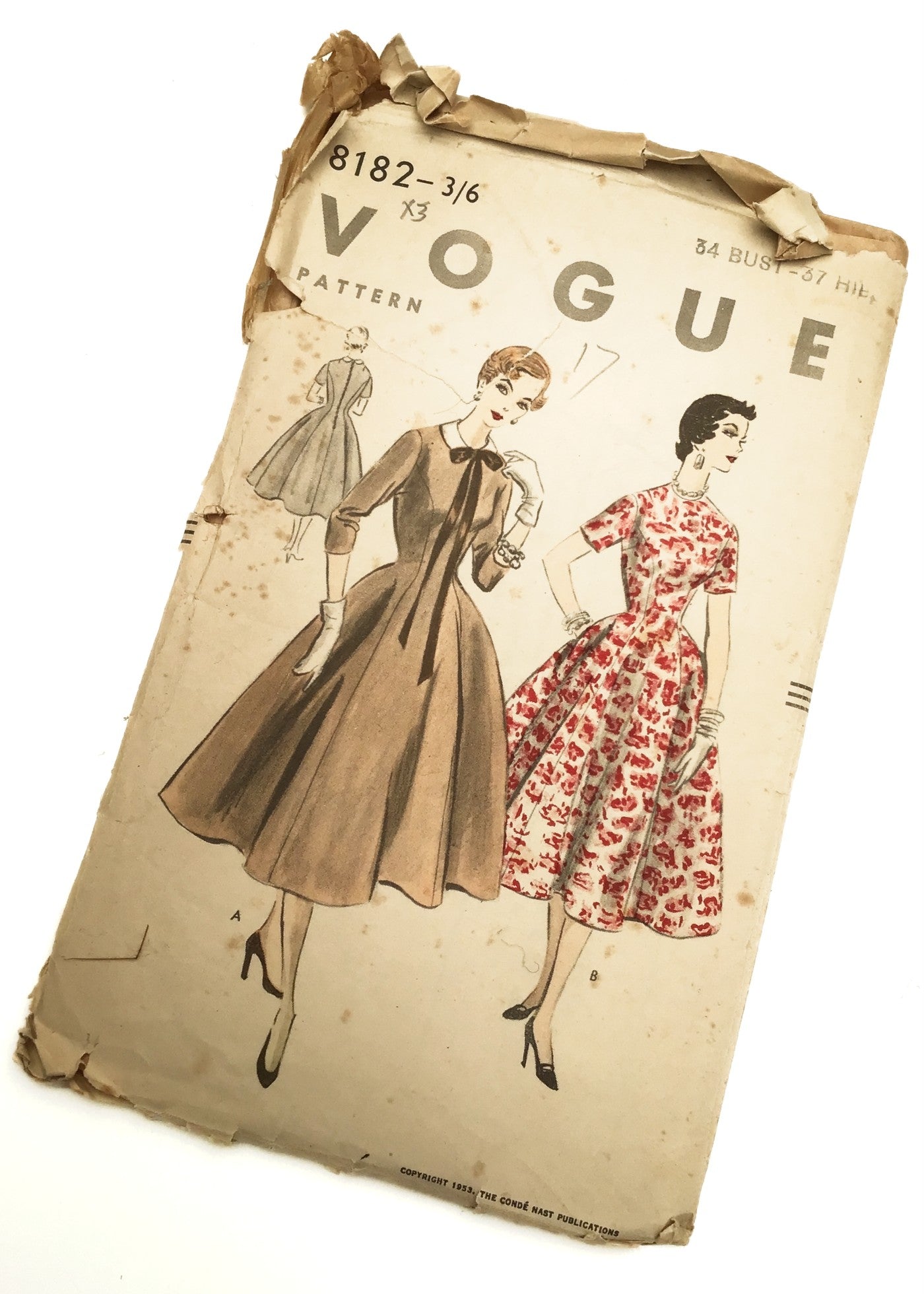 1950s Vintage Vogue #8182 Dressmaking Pattern • One Piece Dress with Detachable Collar 34"