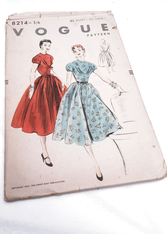 1950s Vintage Vogue #8214 Dressmaking Pattern • One Piece Flared Dress with Gathered Bodice 32"