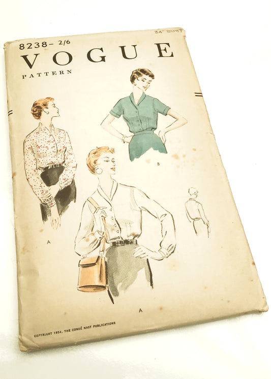 1950s Vintage Vogue #8238 Dressmaking Pattern • Shawl Collar Blouse 34"