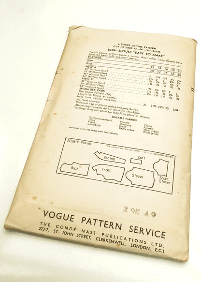 1950s Vintage Vogue #8238 Dressmaking Pattern • Shawl Collar Blouse 34"