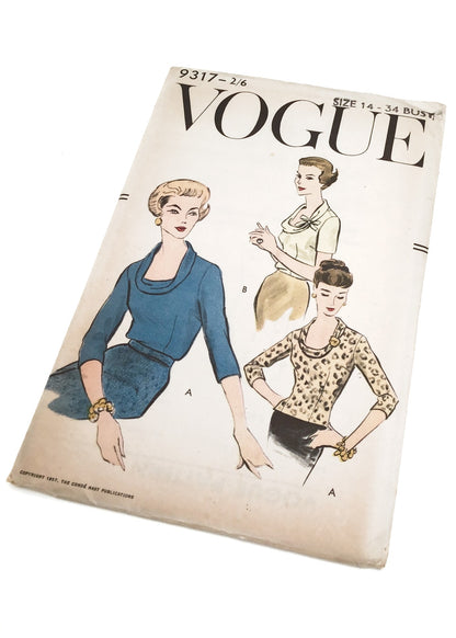 1950s Vintage Vogue #9317 Dressmaking Pattern • Cowl Neck Blouse 34"