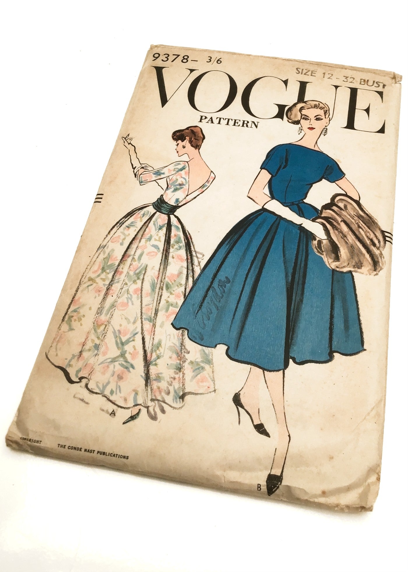 1950s Vintage Vogue #9378 Dressmaking Pattern • One Piece Flared Dress with Cummerbund 32"