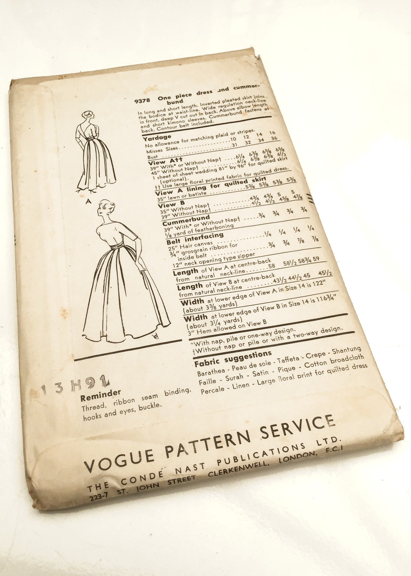 1950s Vintage Vogue #9378 Dressmaking Pattern • One Piece Flared Dress with Cummerbund 32"