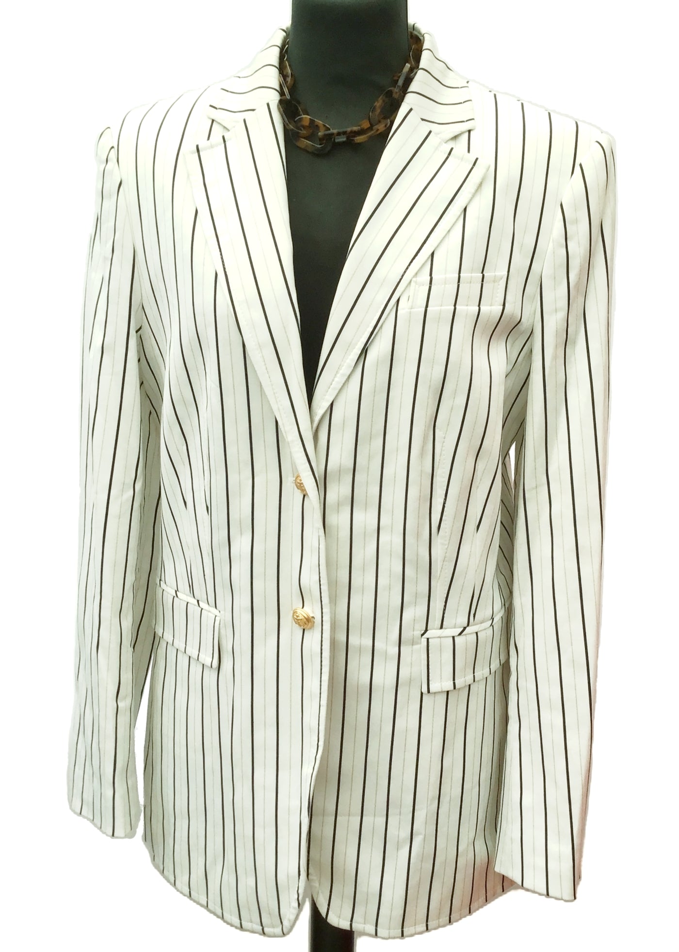 1990s Women's Von Daniels White Striped Boating Blazer Jacket Cotton • GoldTone Buttons