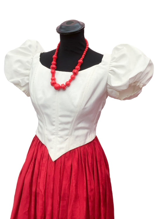 1980s Vintage White Taffeta Fairytale Boned Bodice • Puffed Sleeves