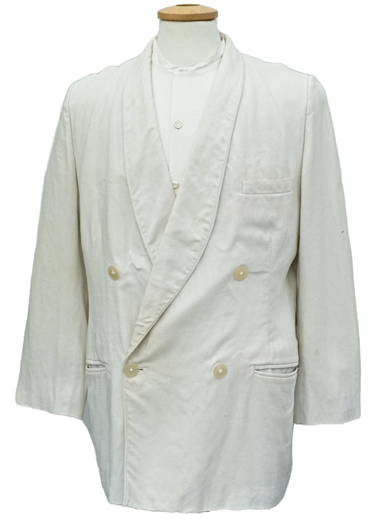 1940s Vintage White Linen Shawl Collar Tuxedo Dinner Jacket • 38R Chest