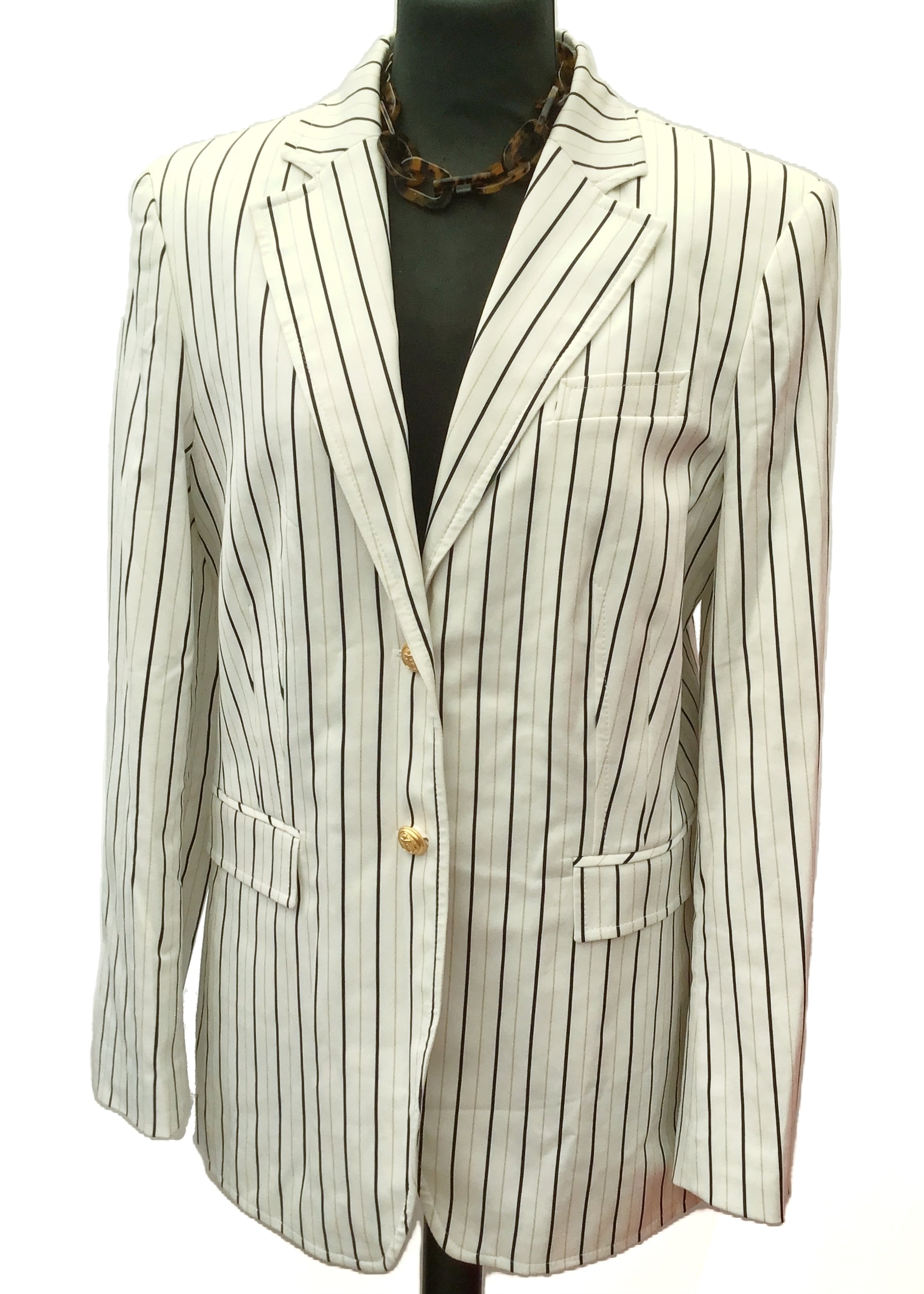 1990s Women's White Striped Boating Blazer Jacket Cotton • GoldTone Buttons