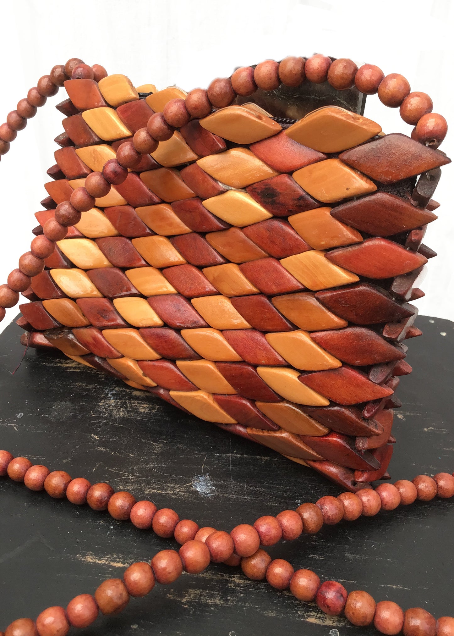 Vintage Wooden Bead Mosaic Crossbody Bag Purse