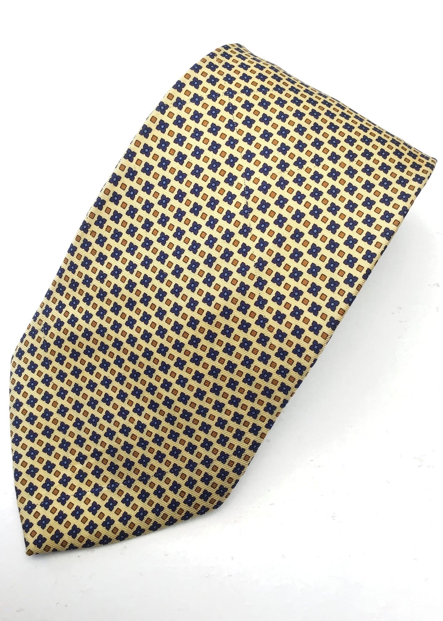 yellow and blue pattern silk tie made in italy