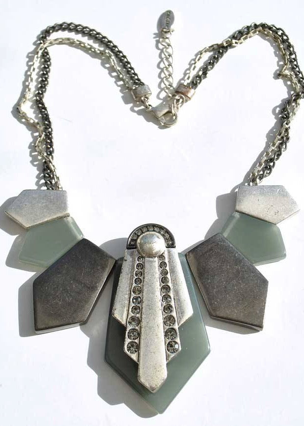 Retro Deco Inspired Hultquist Grey Resin Necklace With Diamonte Crystals